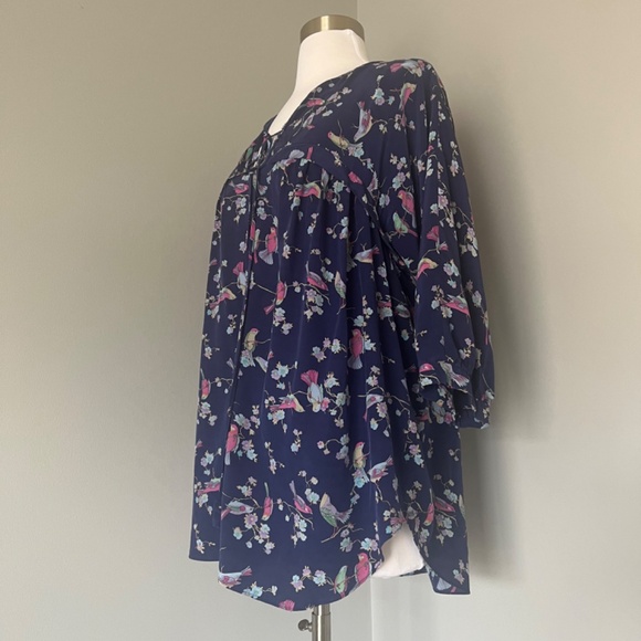 Rebecca Taylor Silk Birds Floral Canary Relaxed Tassels Top Blouse Tunic 6 M - Picture 7 of 11